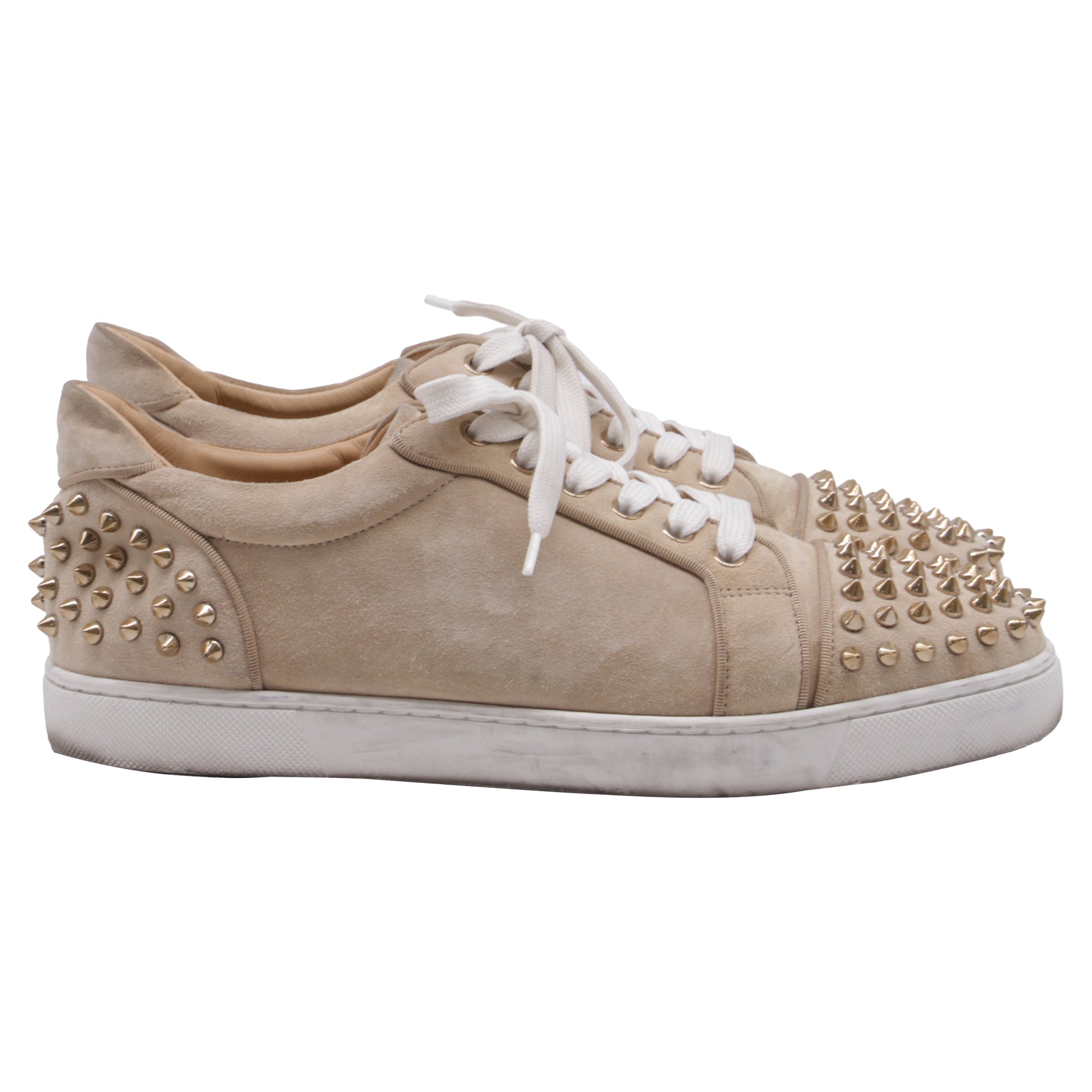 Women's Christian Louboutin Louis Junior Spikes Sneakers in Beige Suede