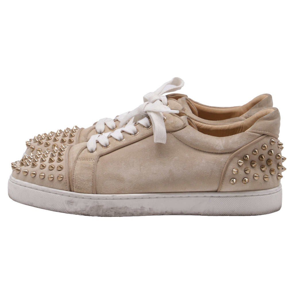Women's Christian Louboutin Louis Junior Spikes Sneakers in Beige Suede