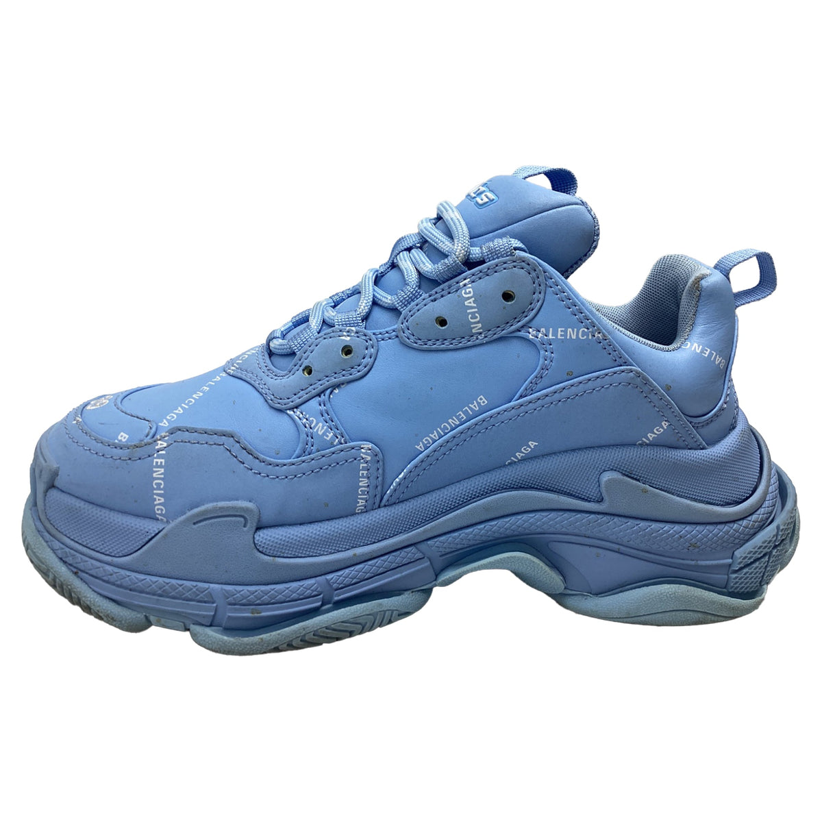Women's Balenciaga All Over Logo Triple S Sneakers in Light Blue Polyester