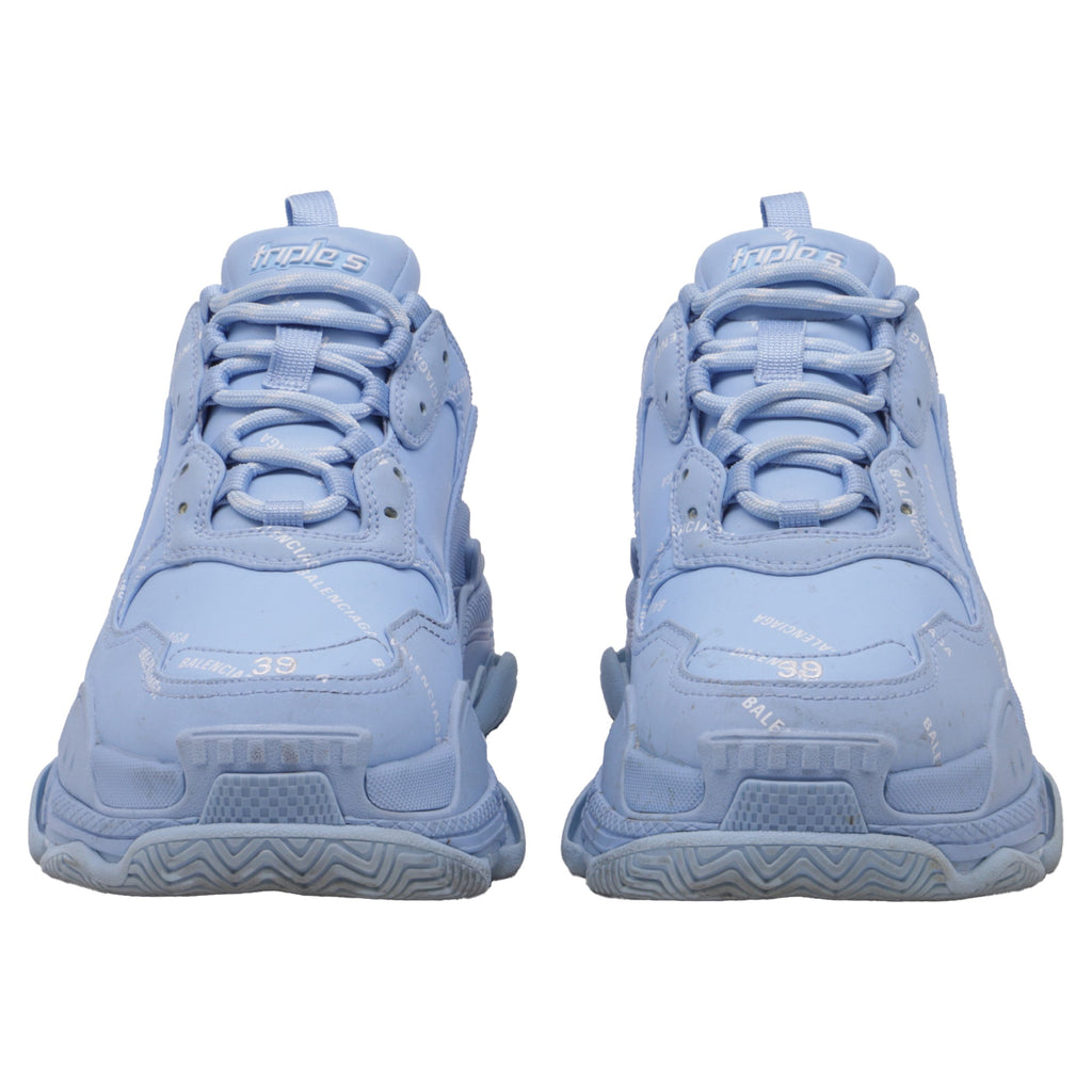 Women's Balenciaga All Over Logo Triple S Sneakers in Light Blue Polyester