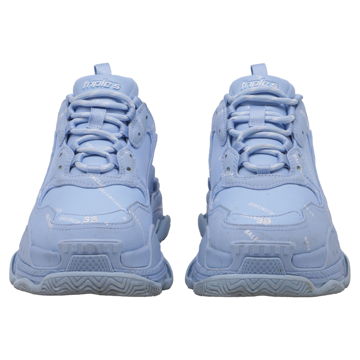 Women's Balenciaga All Over Logo Triple S Sneakers in Light Blue Polyester