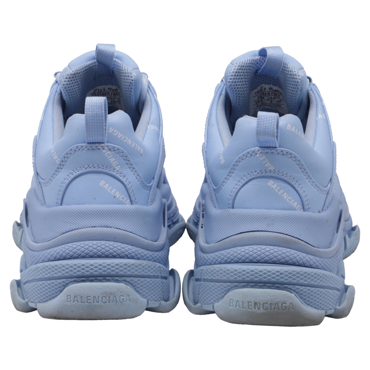 Women's Balenciaga All Over Logo Triple S Sneakers in Light Blue Polyester