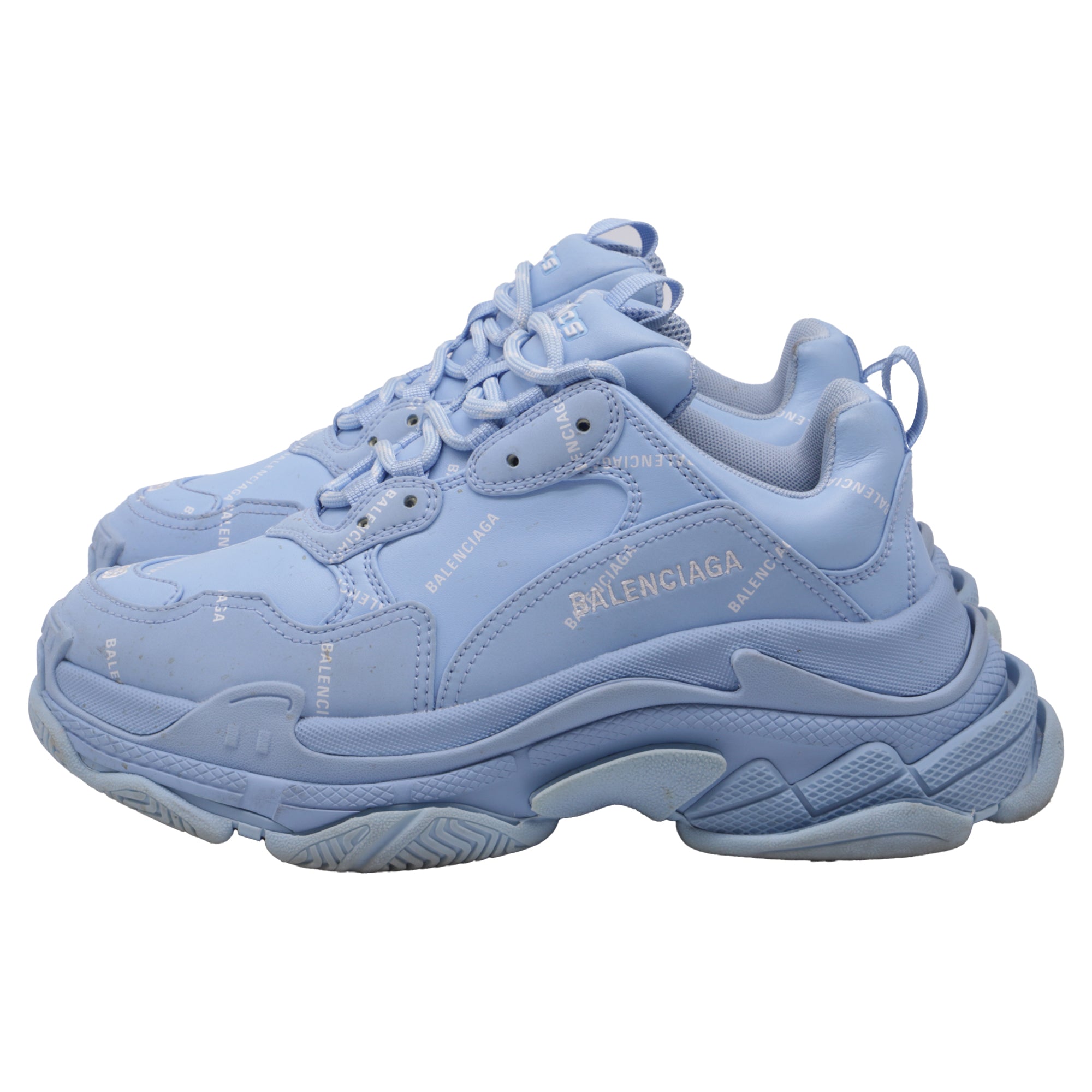 Women's Balenciaga All Over Logo Triple S Sneakers in Light Blue Polyester
