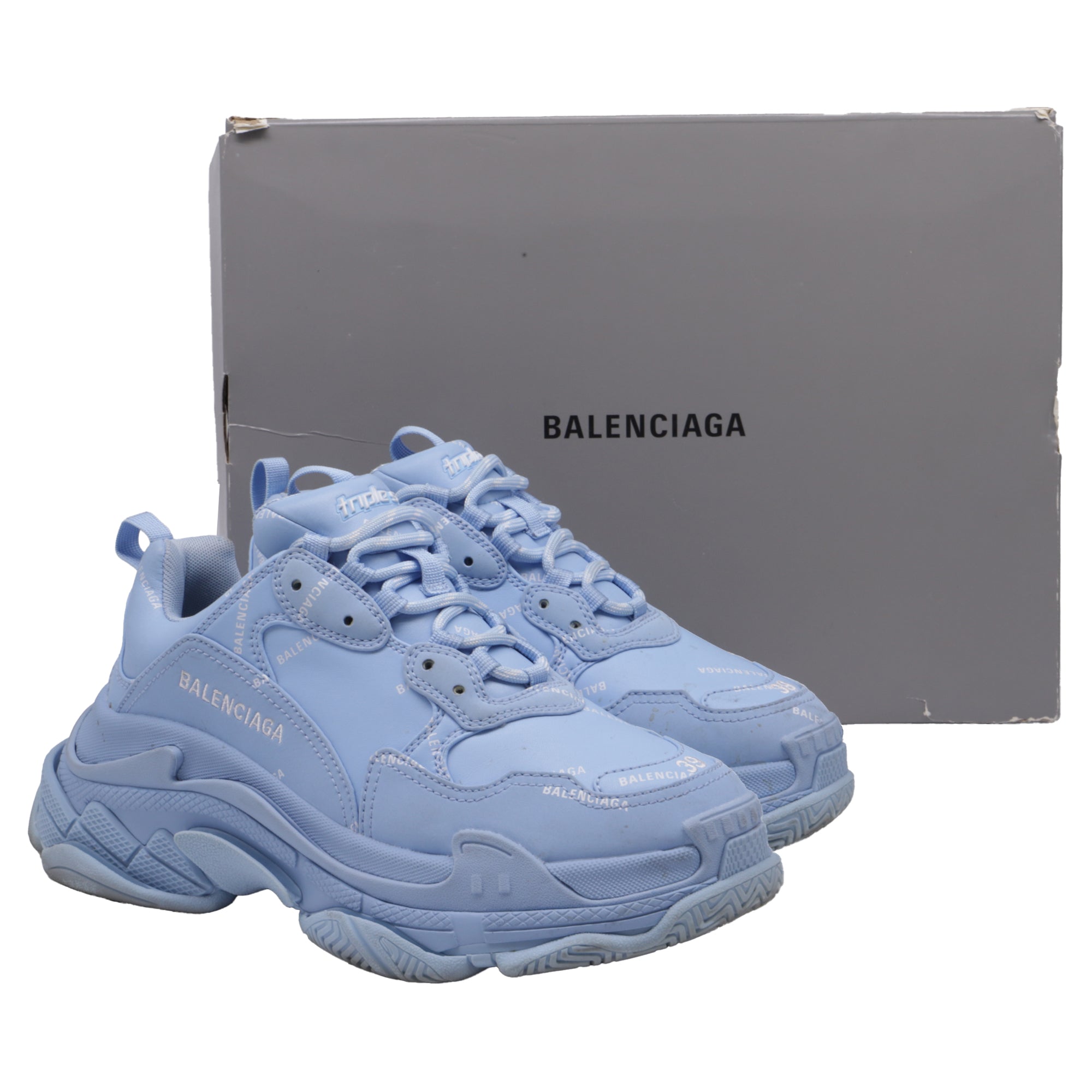 Women's Balenciaga All Over Logo Triple S Sneakers in Light Blue Polyester