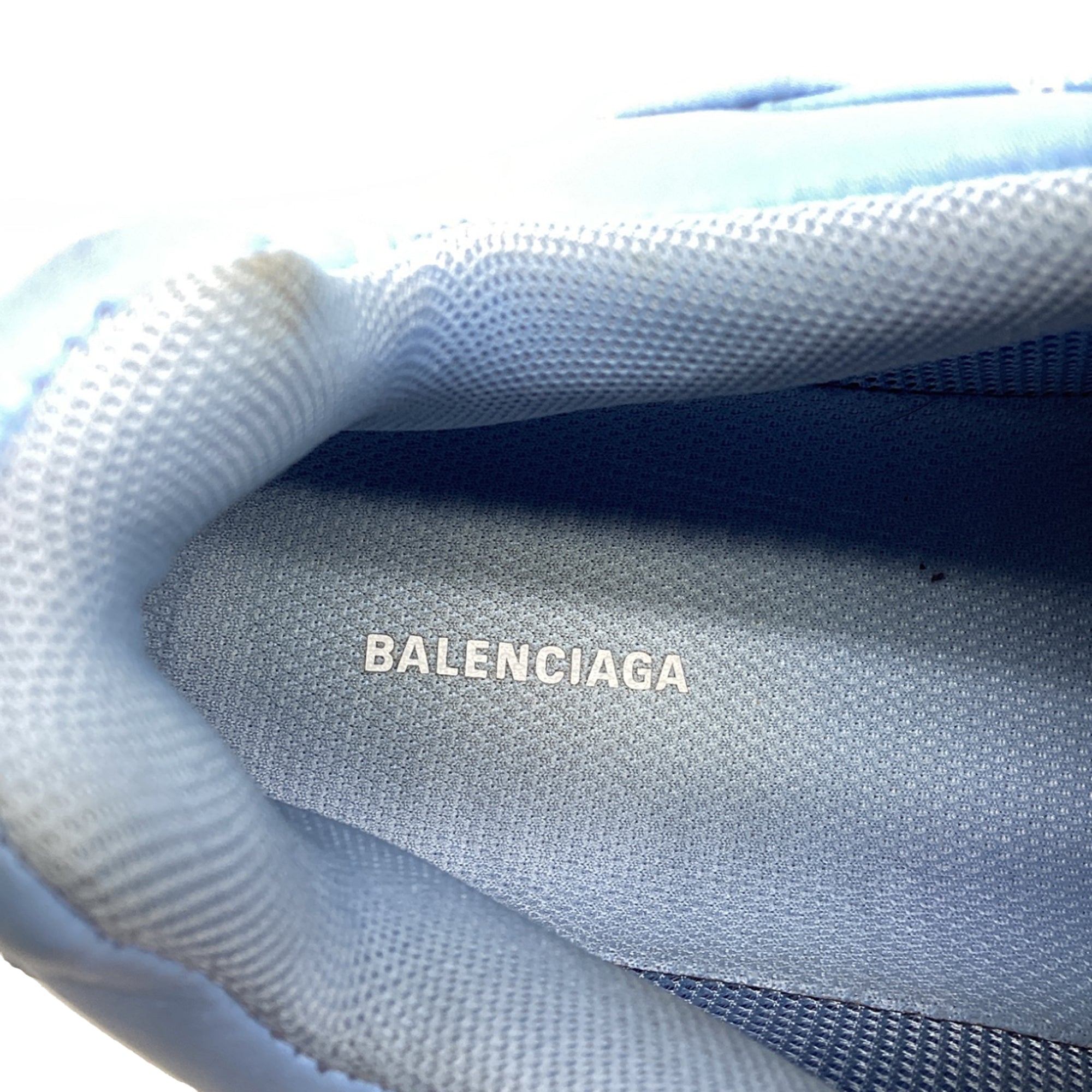 Women's Balenciaga All Over Logo Triple S Sneakers in Light Blue Polyester
