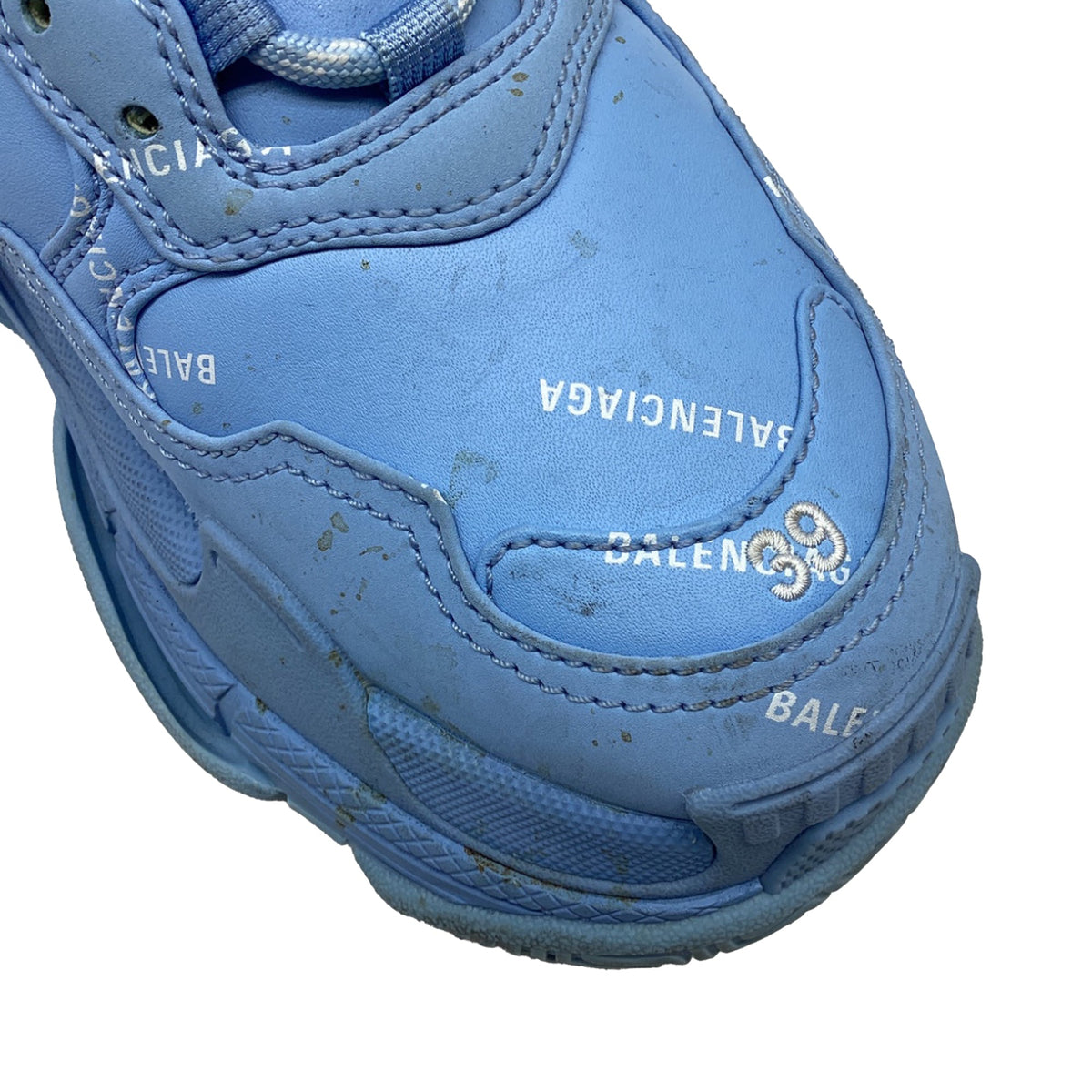 Women's Balenciaga All Over Logo Triple S Sneakers in Light Blue Polyester