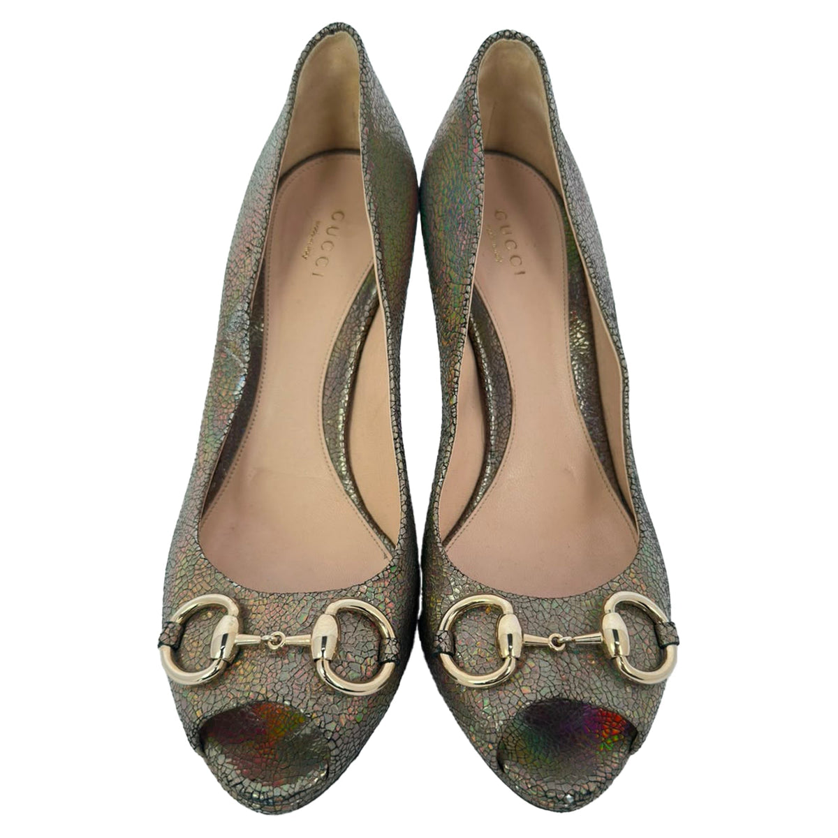 Women's Gucci Holographic Crackle New Hollywood Horsebit Peep Toe Pumps in Gold Leather