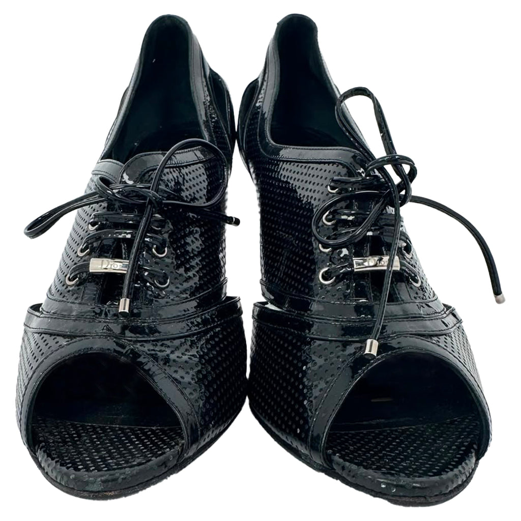 Women's Dior Lace Up Peep Toe Ankle Boots in Black Patent Leather