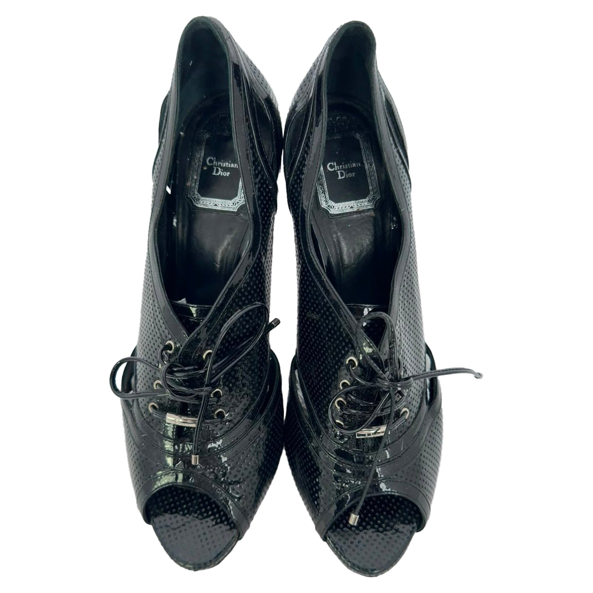 Women's Dior Lace Up Peep Toe Ankle Boots in Black Patent Leather