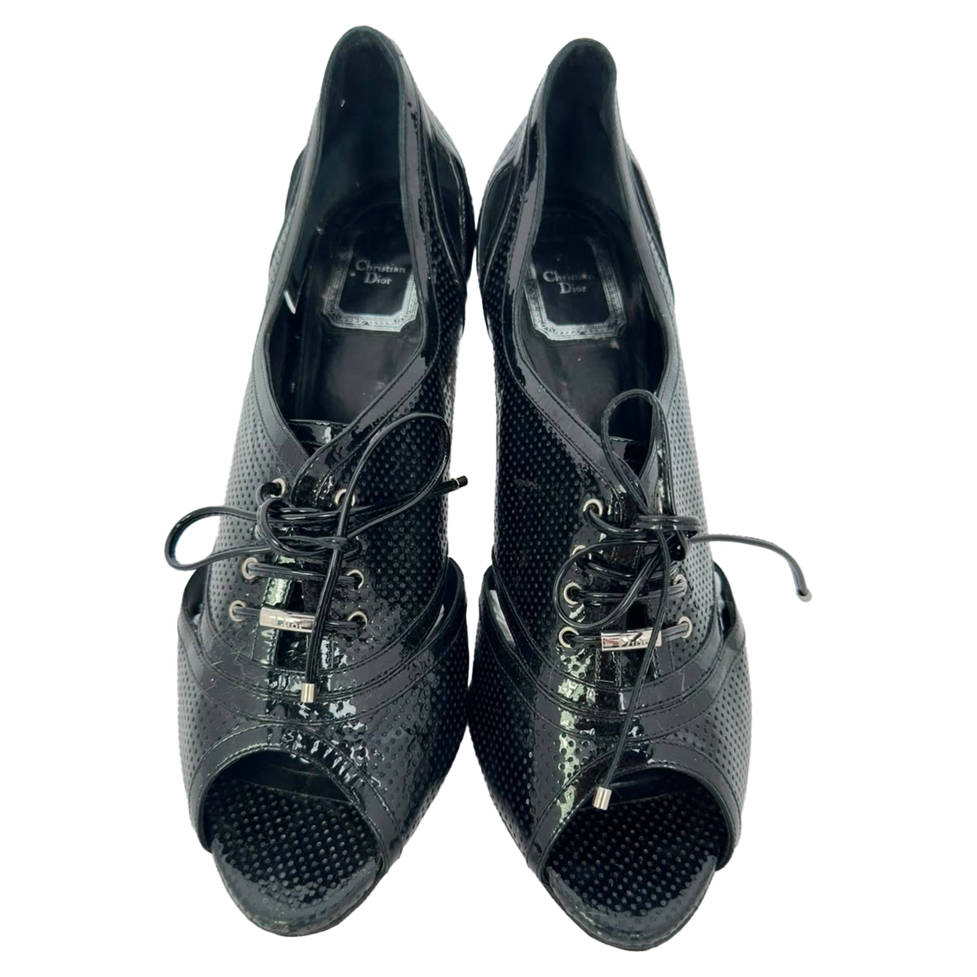 Women's Dior Lace Up Peep Toe Ankle Boots in Black Patent Leather