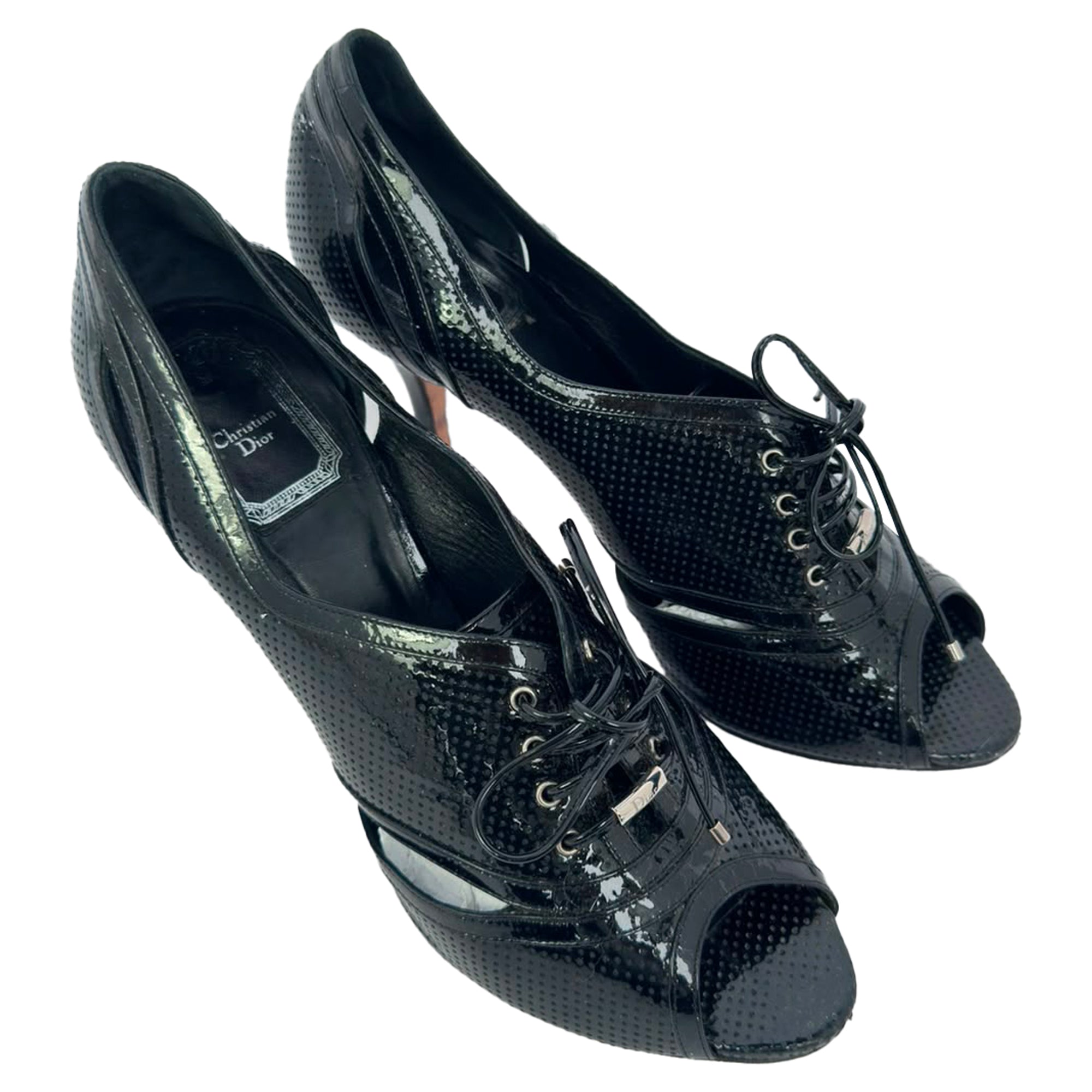 Women's Dior Lace Up Peep Toe Ankle Boots in Black Patent Leather