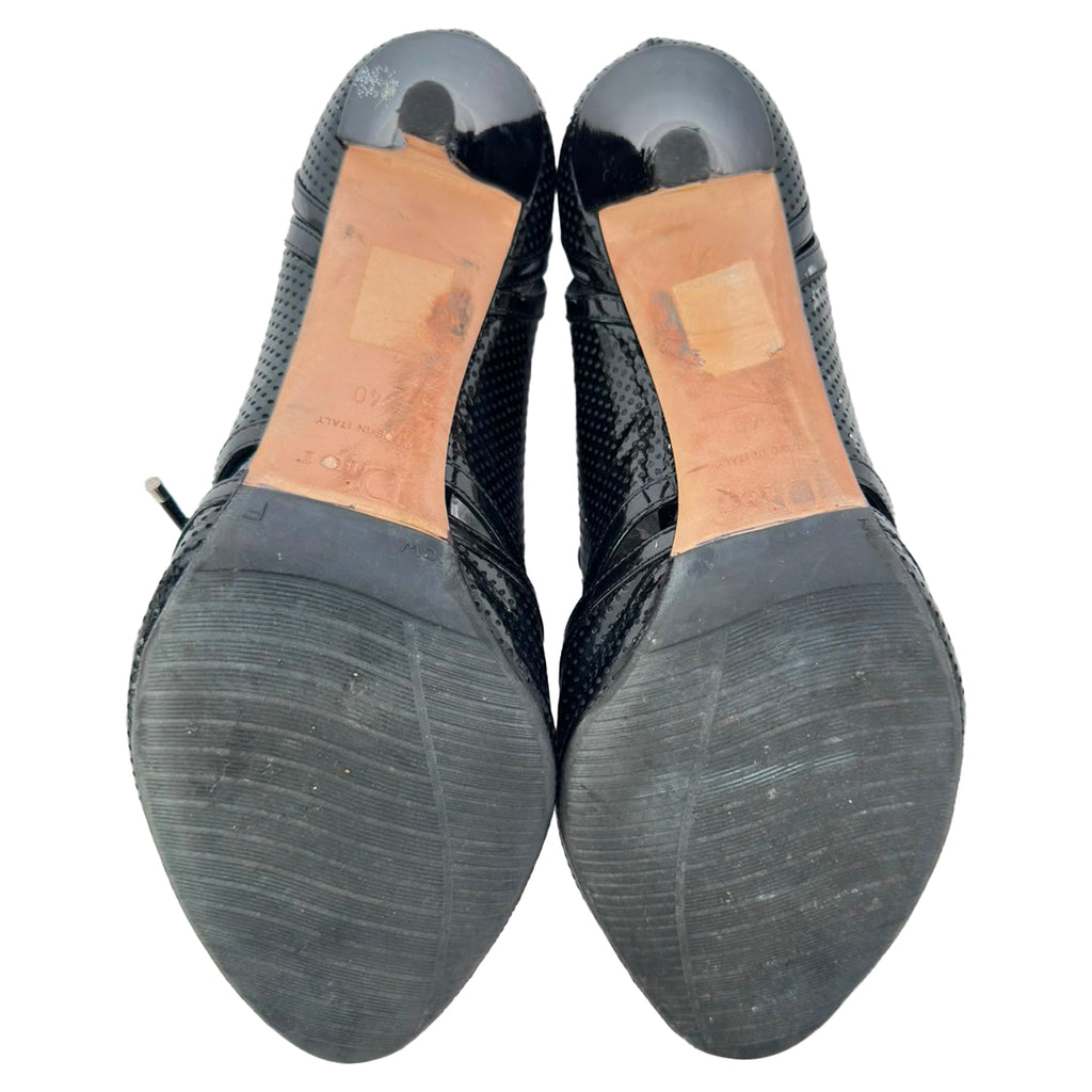 Women's Dior Lace Up Peep Toe Ankle Boots in Black Patent Leather