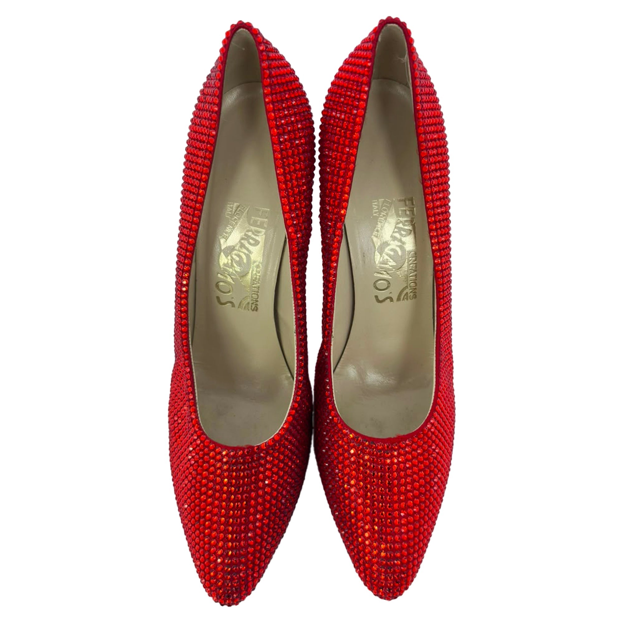 Women's Ferragamo Red (1960) Crystal Embellished Pumps in Red Satin