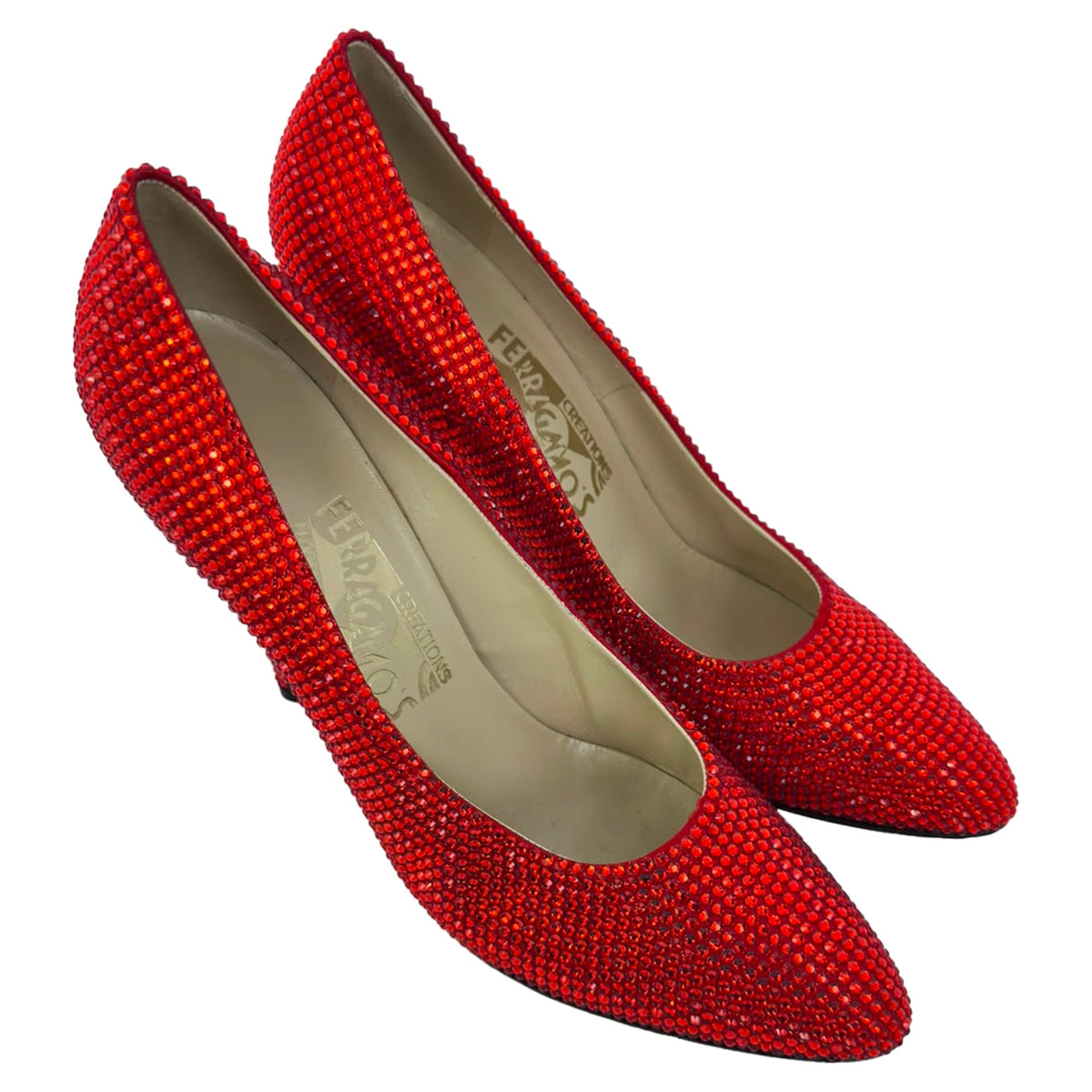 Women's Ferragamo Red (1960) Crystal Embellished Pumps in Red Satin