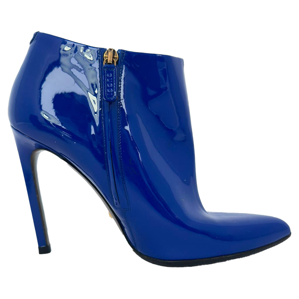 Women's Gucci Pointed Toe Ankle Boots in Blue Patent Leather
