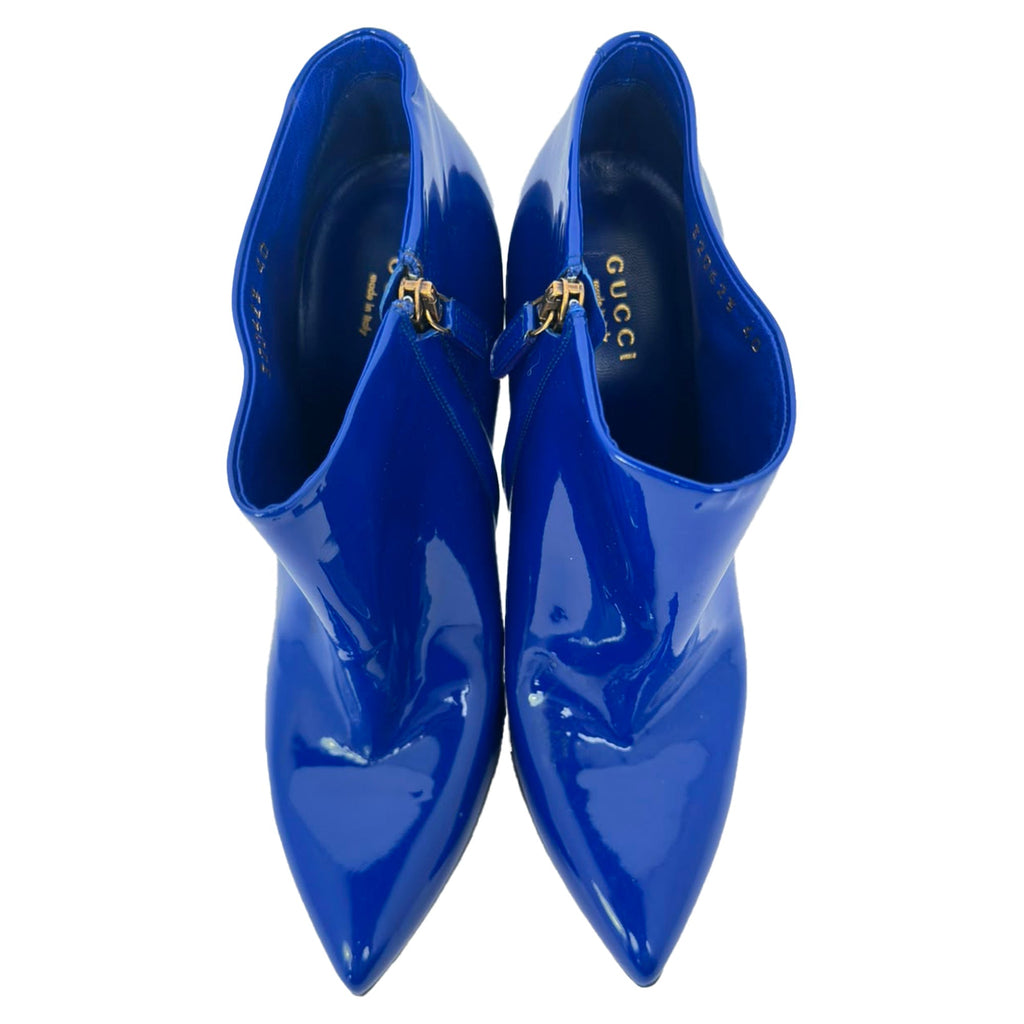 Women's Gucci Pointed Toe Ankle Boots in Blue Patent Leather