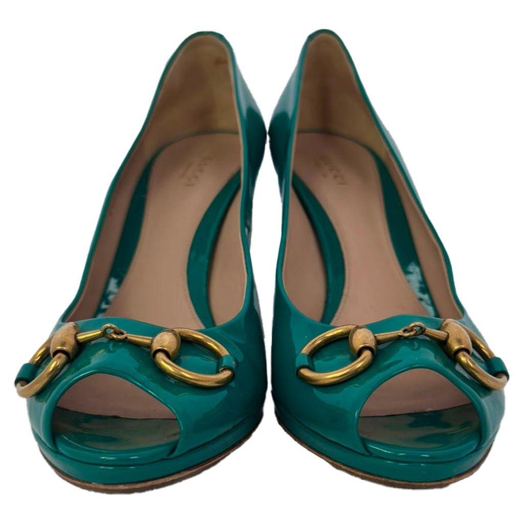 Women's Gucci New Hollywood Horsebit Peep Toe Pumps in Turquoise Patent Leather