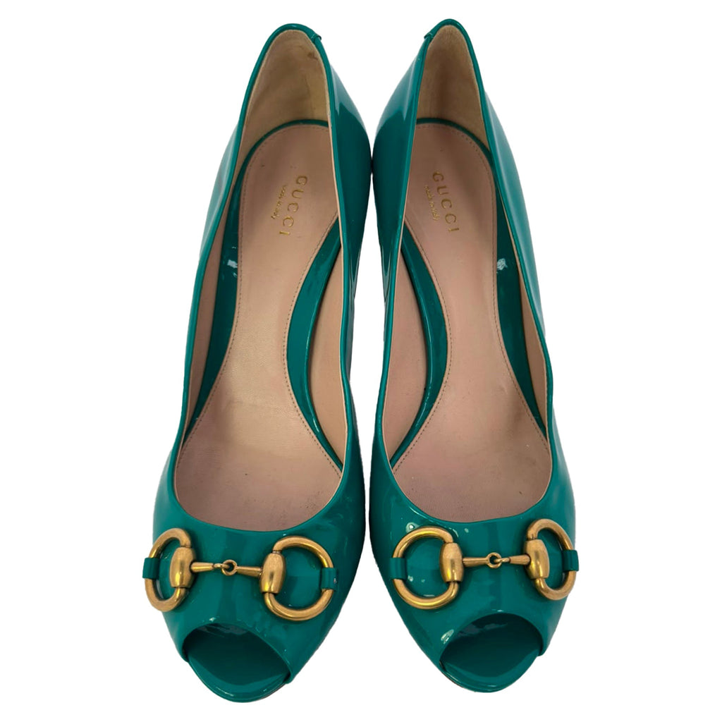 Women's Gucci New Hollywood Horsebit Peep Toe Pumps in Turquoise Patent Leather