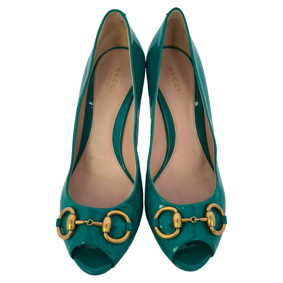 Women's Gucci New Hollywood Horsebit Peep Toe Pumps in Turquoise Patent Leather