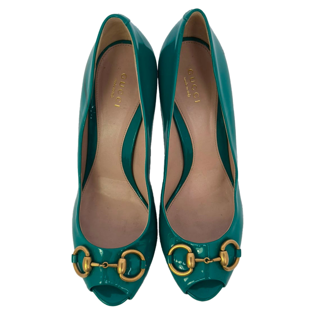 Women's Gucci New Hollywood Horsebit Peep Toe Pumps in Turquoise Patent Leather