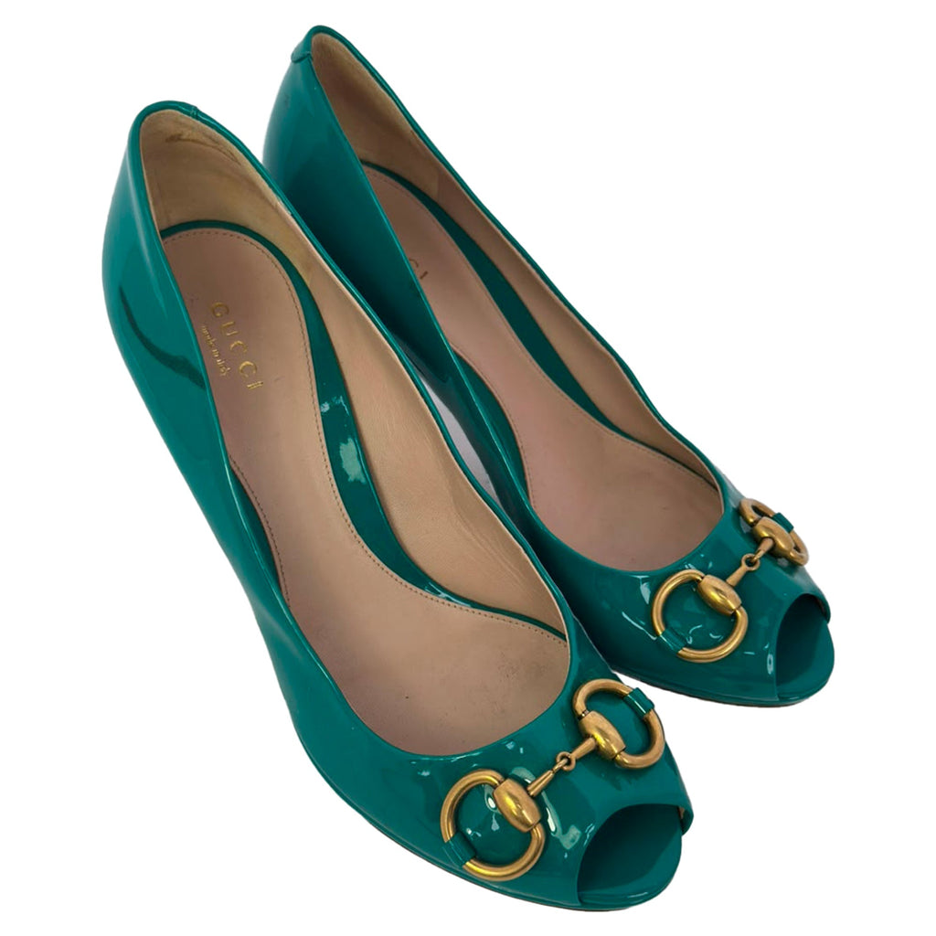 Women's Gucci New Hollywood Horsebit Peep Toe Pumps in Turquoise Patent Leather