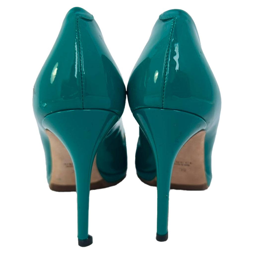 Women's Gucci New Hollywood Horsebit Peep Toe Pumps in Turquoise Patent Leather
