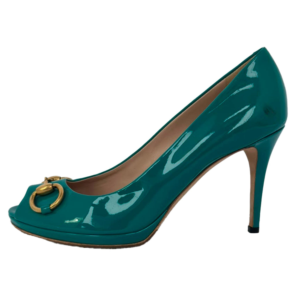Women's Gucci New Hollywood Horsebit Peep Toe Pumps in Turquoise Patent Leather