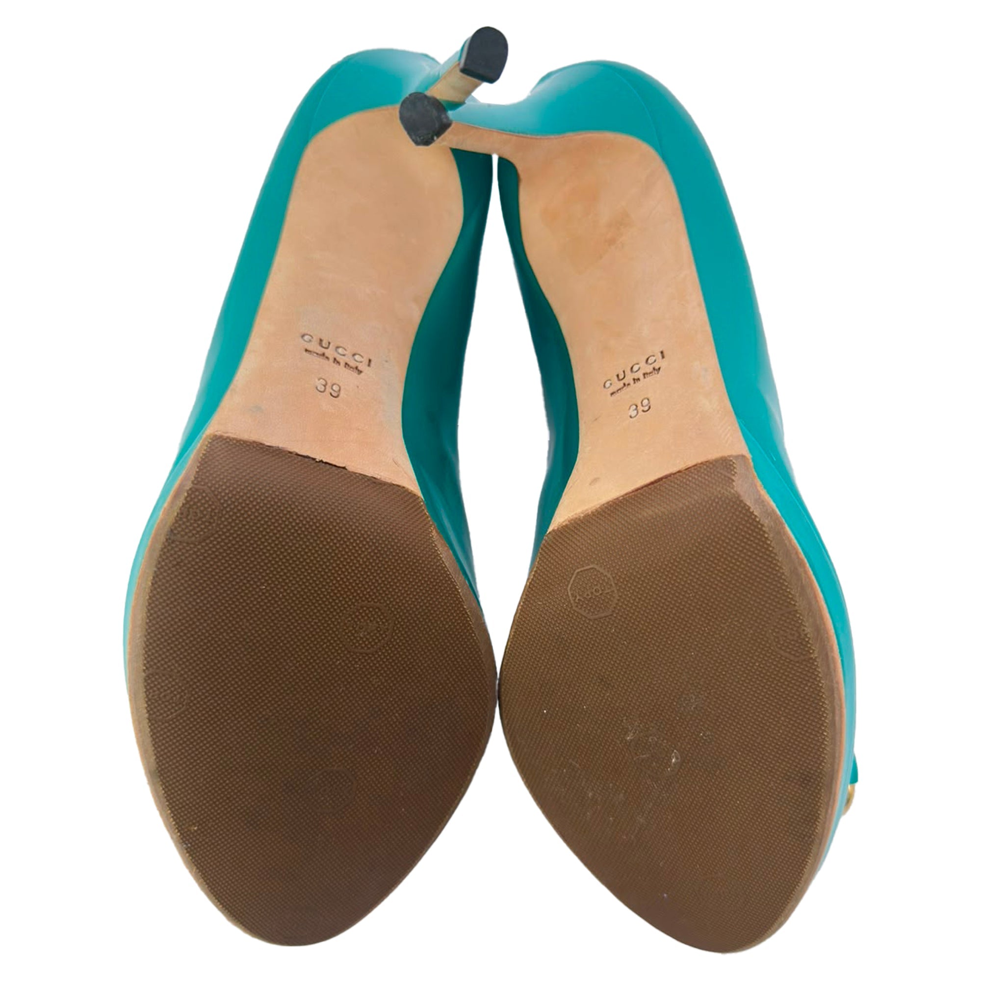 Women's Gucci New Hollywood Horsebit Peep Toe Pumps in Turquoise Patent Leather