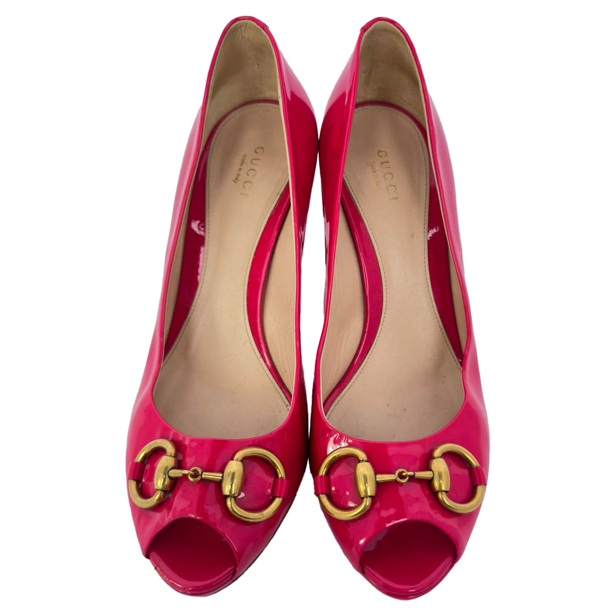 Women's Gucci New Hollywood Horsebit Peep Toe Pumps in Pink Patent Leather