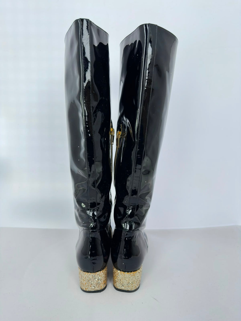 Women's Saint Laurent Glitter Heel Knee High Boots in Black Patent Leather