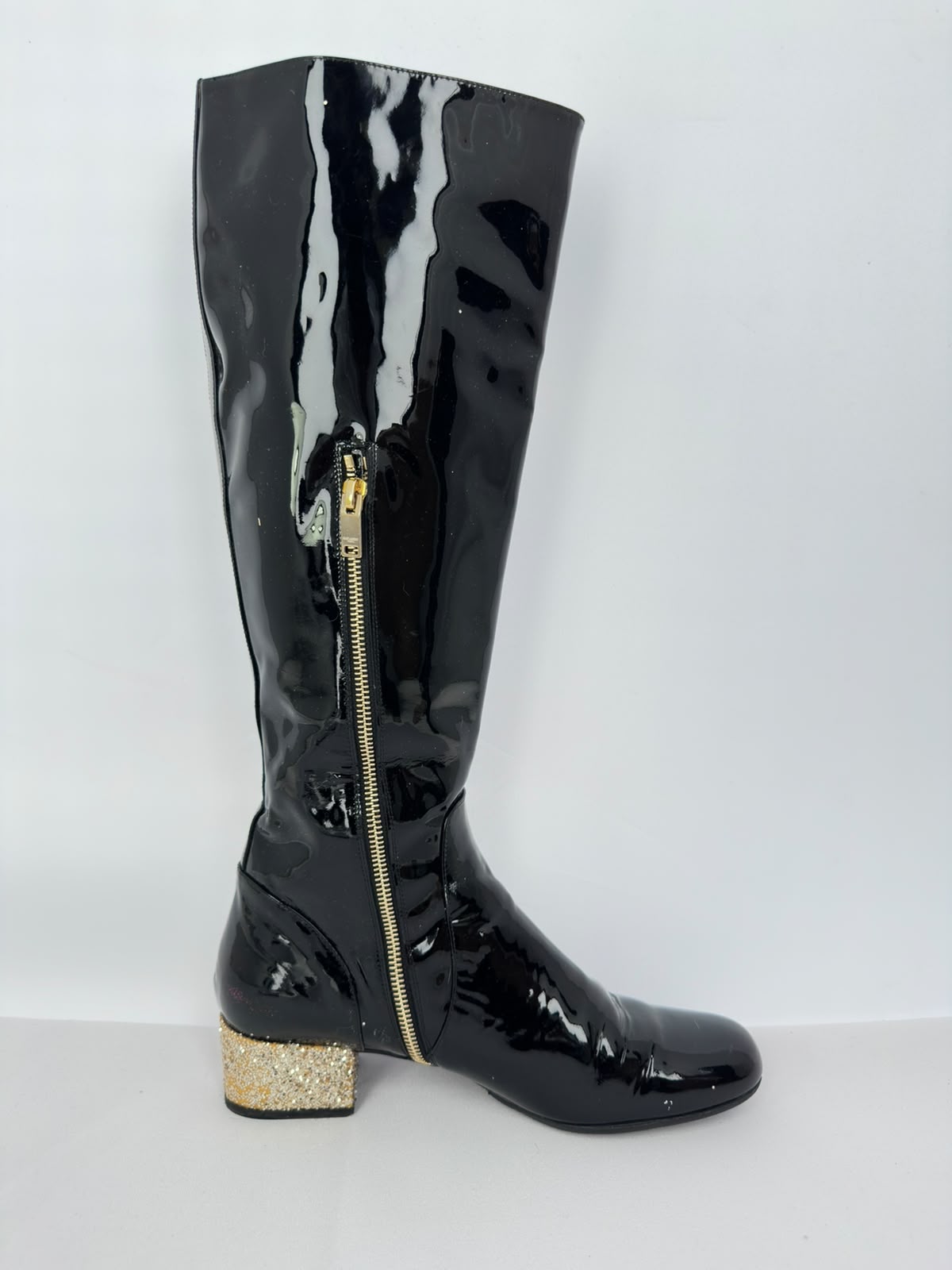 Women's Saint Laurent Glitter Heel Knee High Boots in Black Patent Leather