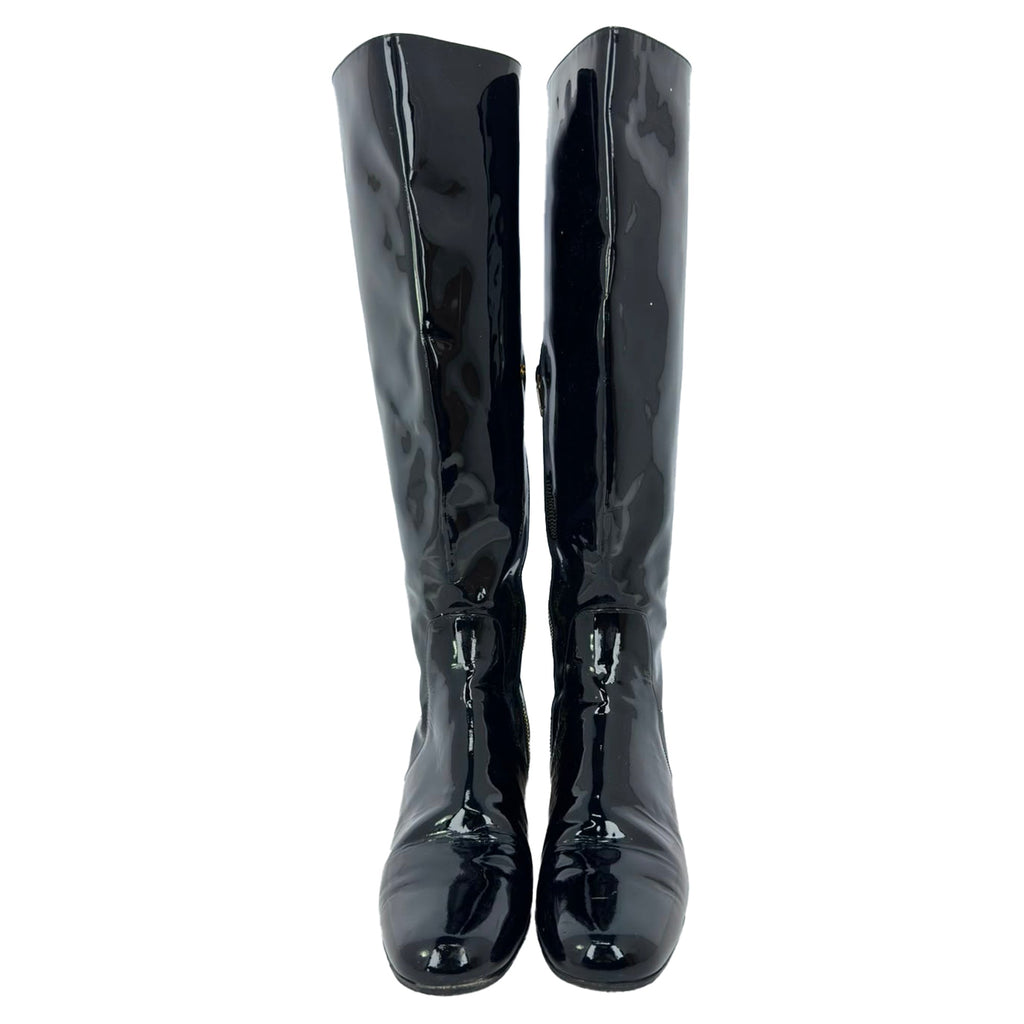 Women's Saint Laurent Glitter Heel Knee High Boots in Black Patent Leather