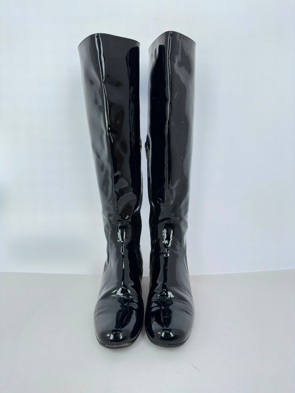 Women's Saint Laurent Glitter Heel Knee High Boots in Black Patent Leather