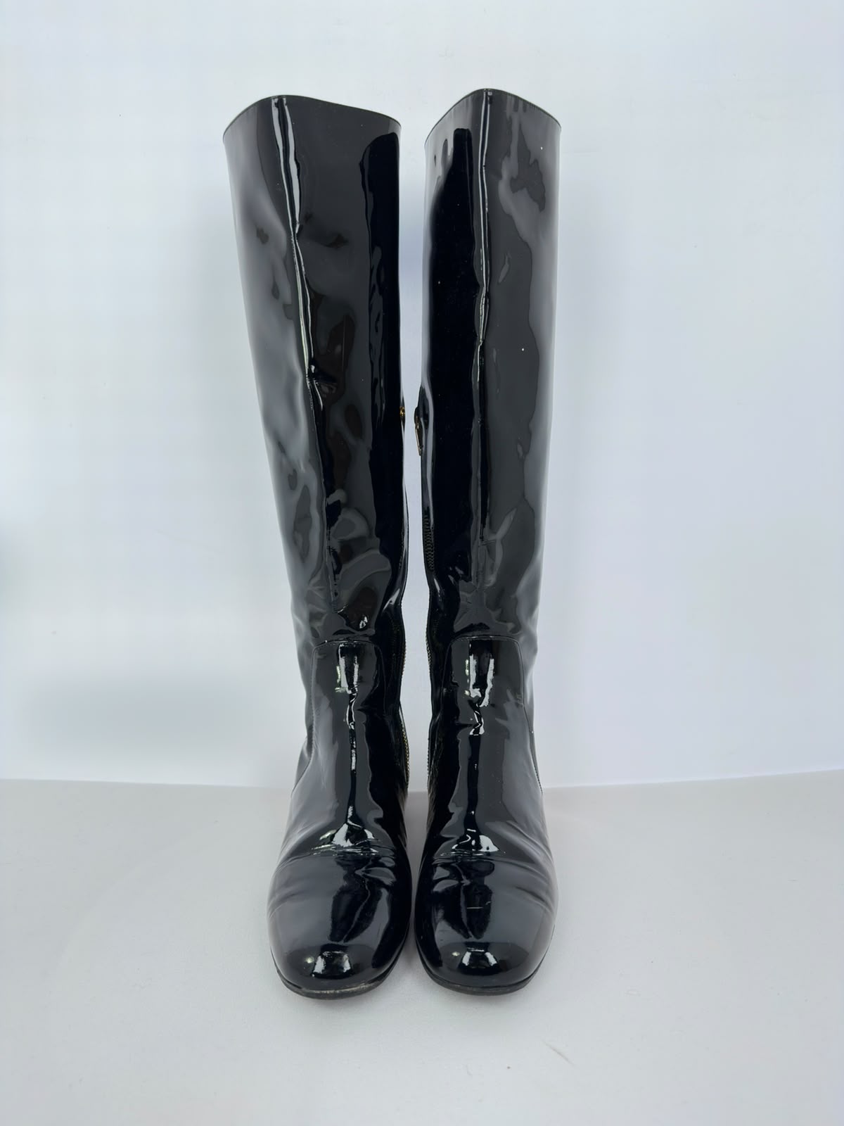 Women's Saint Laurent Glitter Heel Knee High Boots in Black Patent Leather