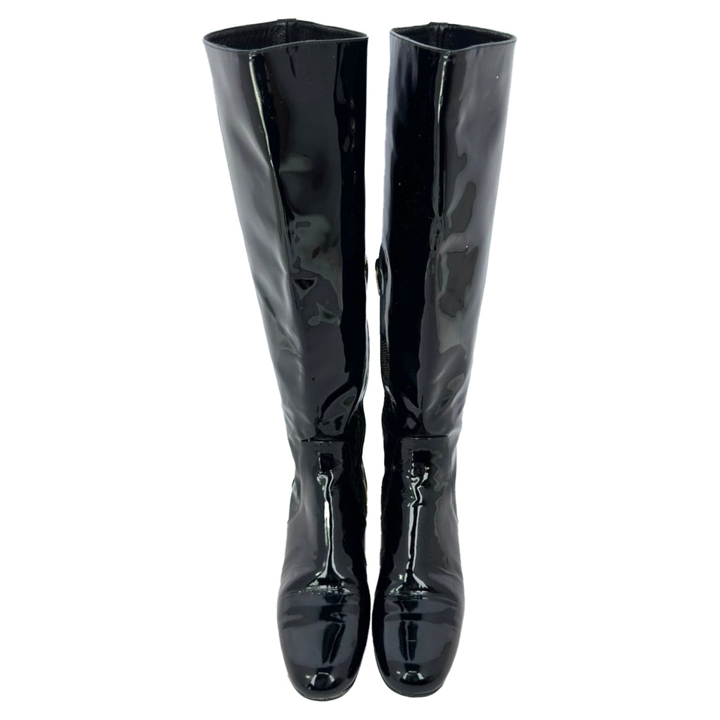 Women's Saint Laurent Glitter Heel Knee High Boots in Black Patent Leather