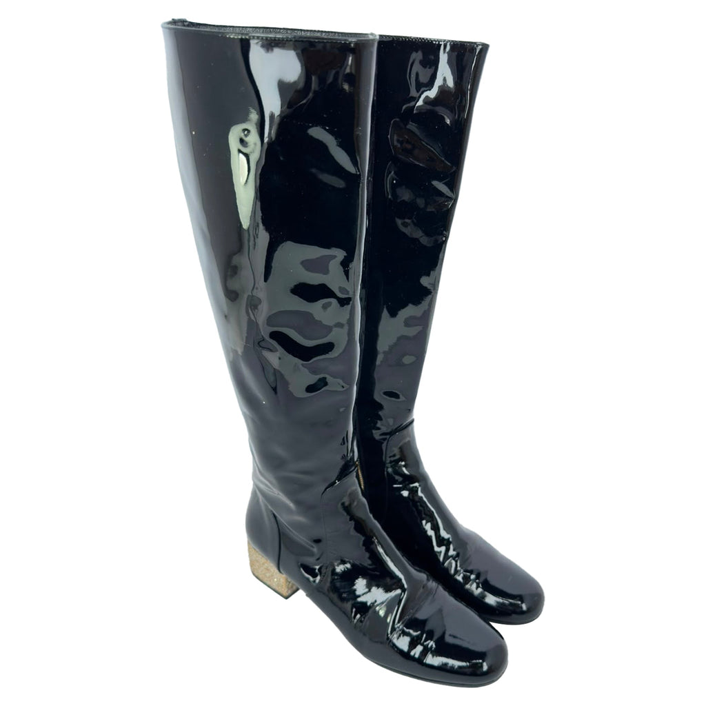 Women's Saint Laurent Glitter Heel Knee High Boots in Black Patent Leather