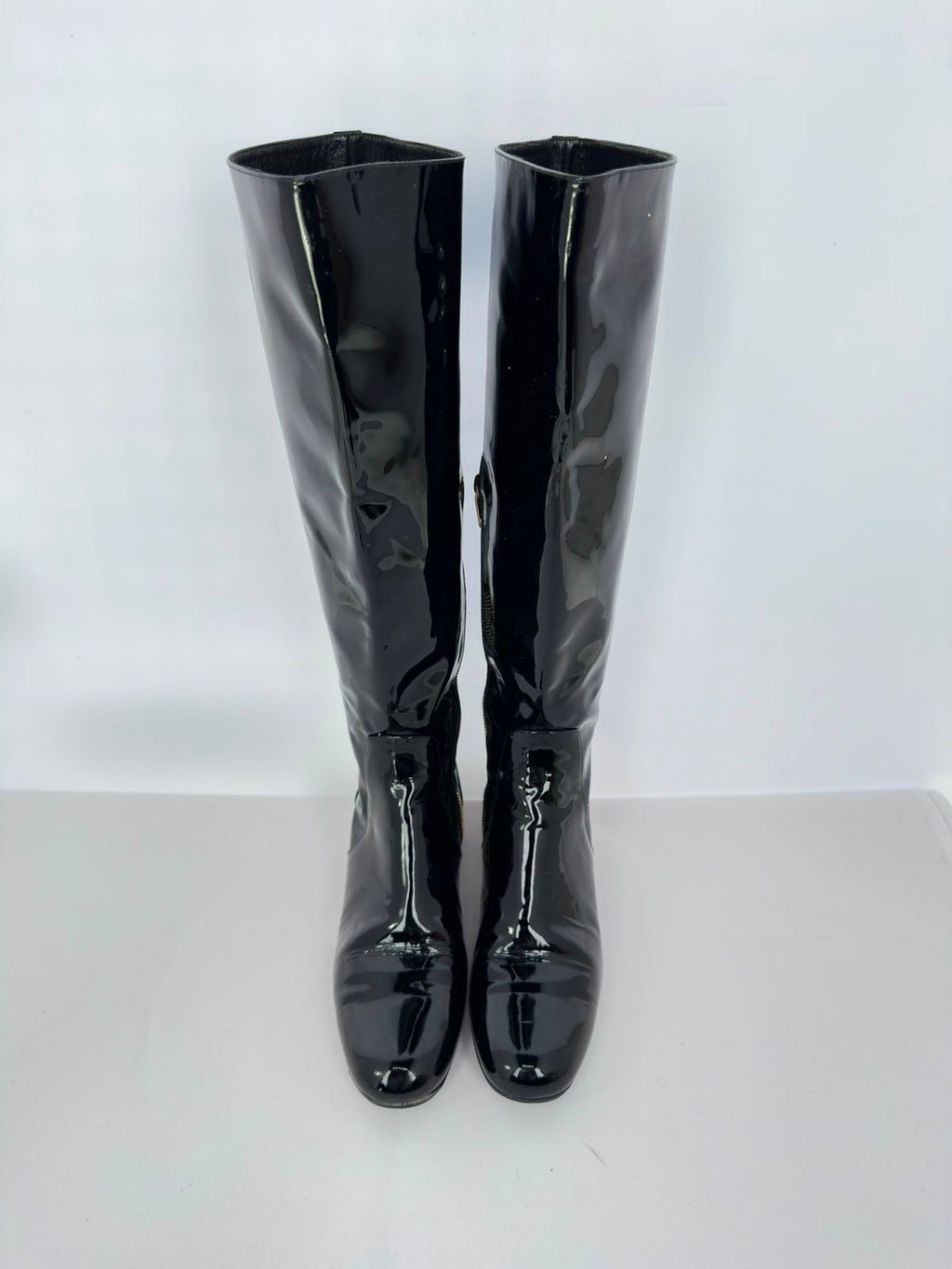 Women's Saint Laurent Glitter Heel Knee High Boots in Black Patent Leather