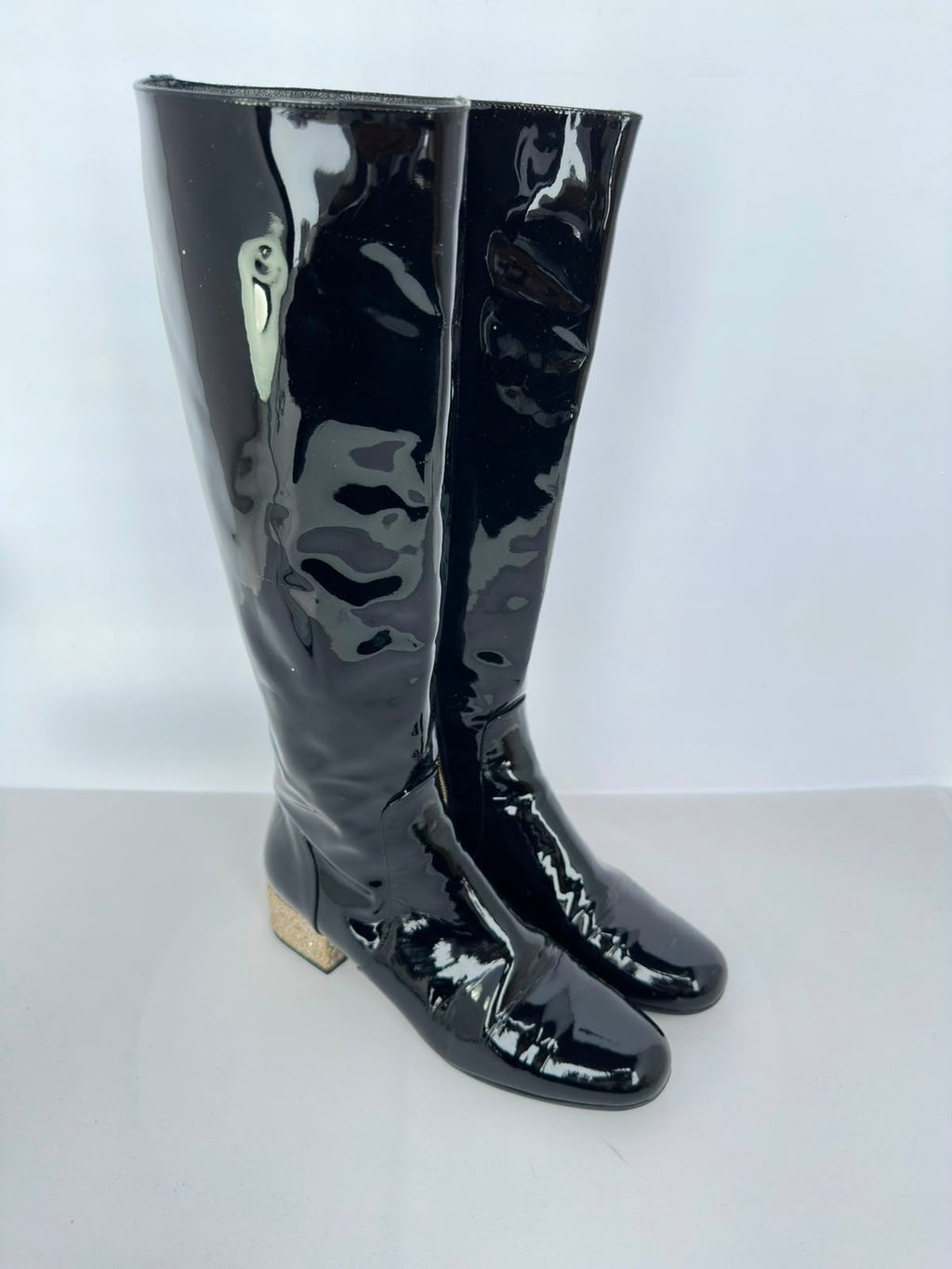 Women's Saint Laurent Glitter Heel Knee High Boots in Black Patent Leather