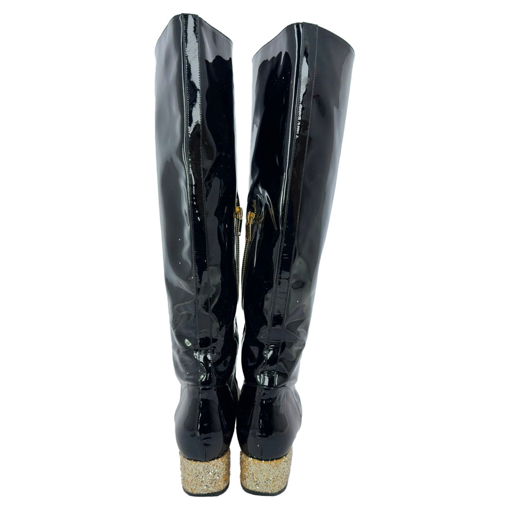 Women's Saint Laurent Glitter Heel Knee High Boots in Black Patent Leather