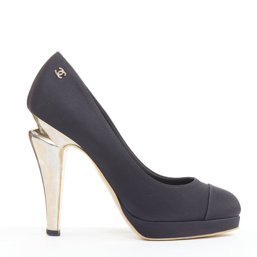 Women's Chanel Satin Gold Bolt Heel Pumps