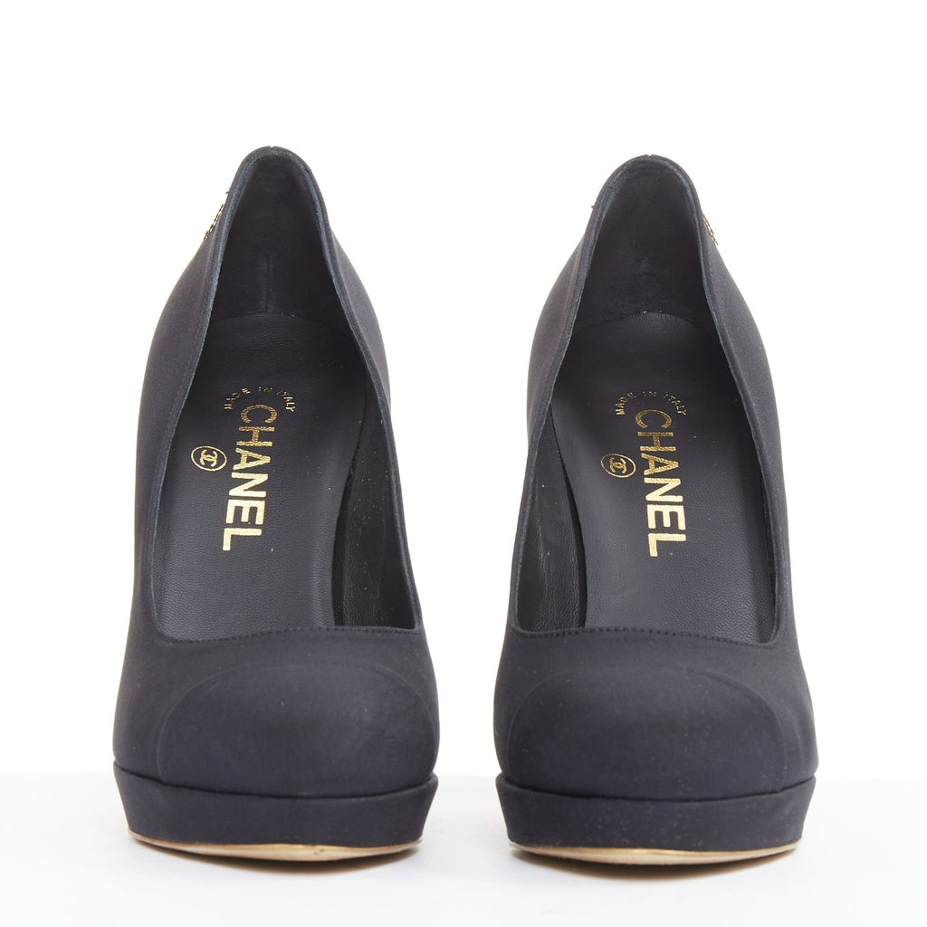 Women's Chanel Satin Gold Bolt Heel Pumps
