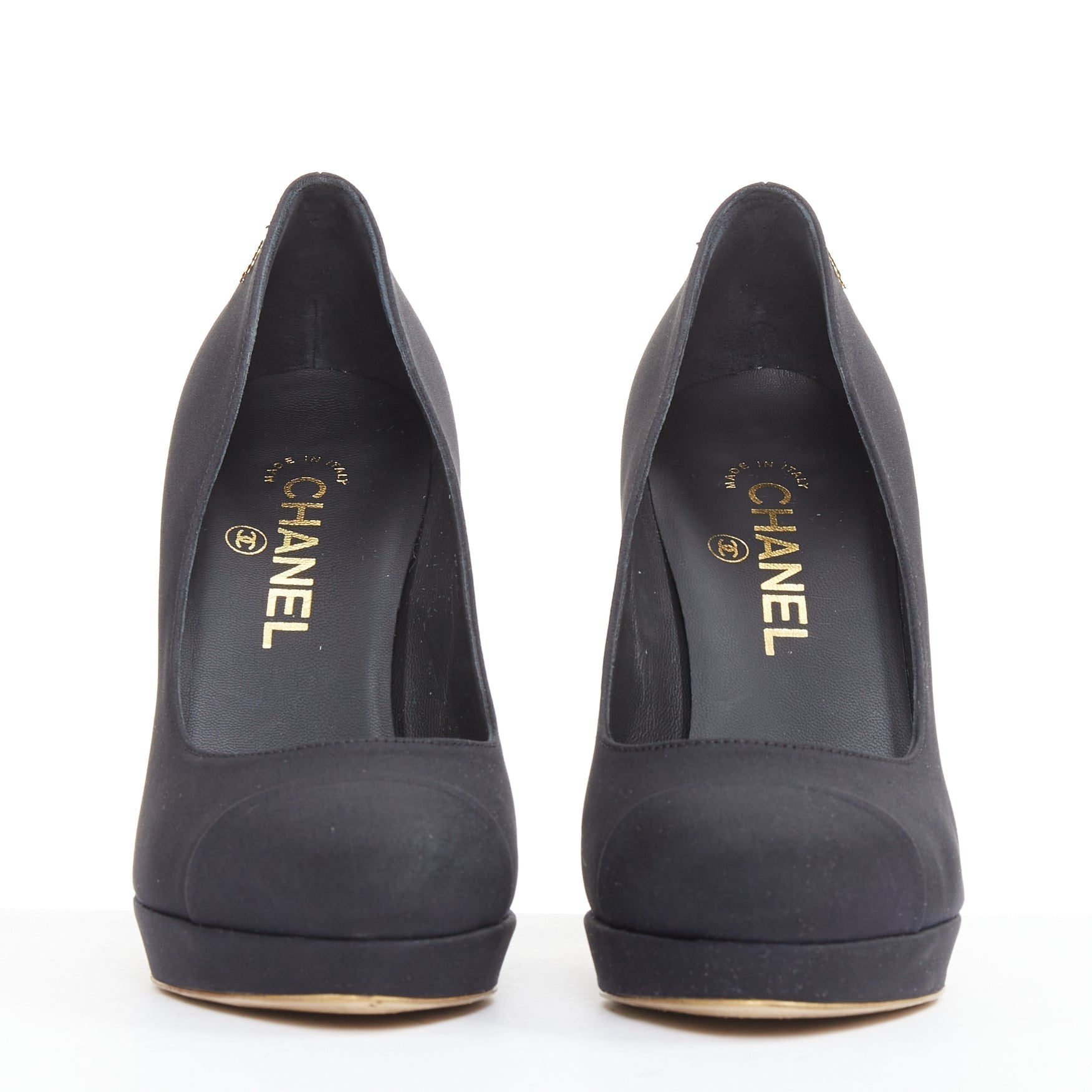 Women's Chanel Satin Gold Bolt Heel Pumps