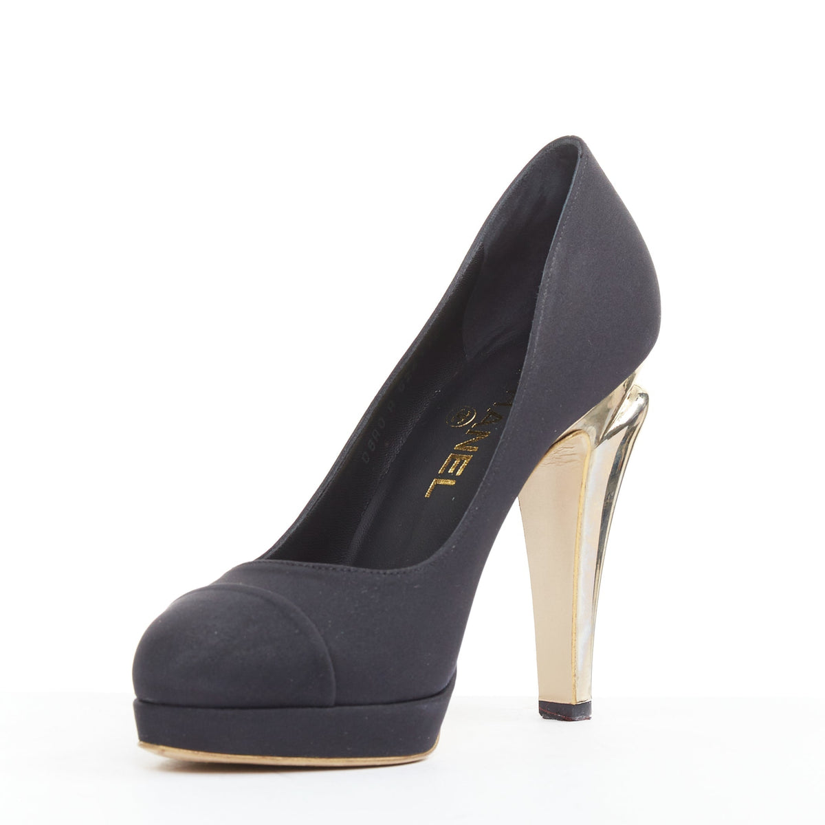 Women's Chanel Satin Gold Bolt Heel Pumps