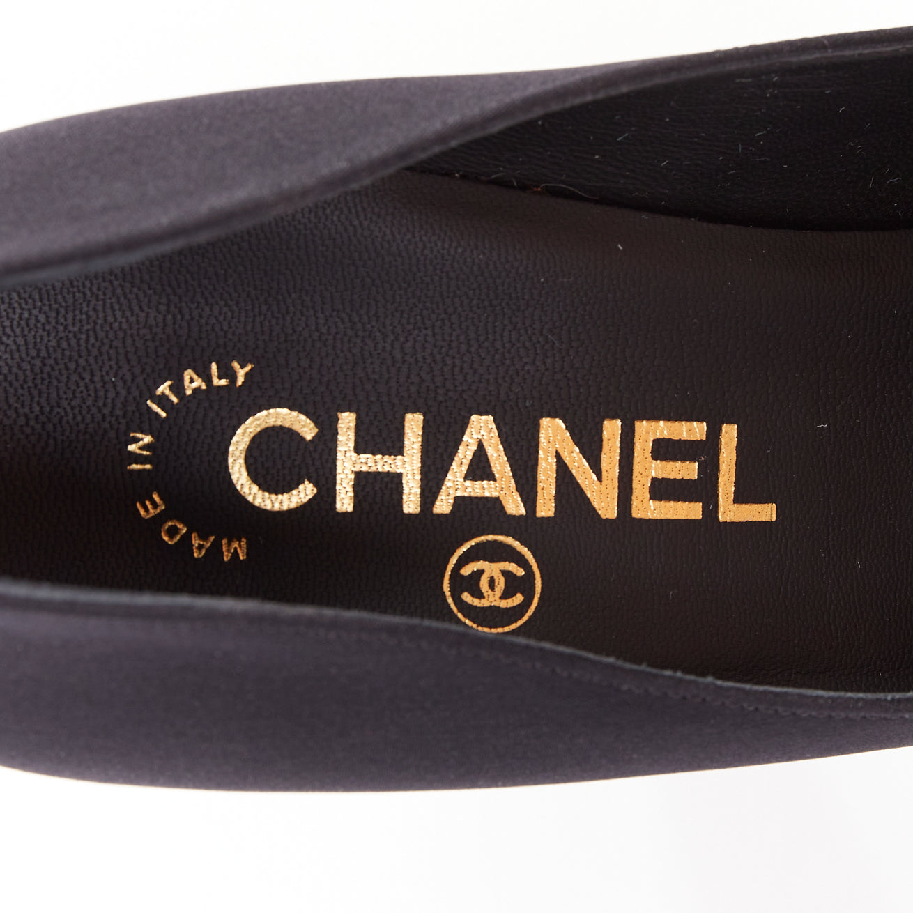 Women's Chanel Satin Gold Bolt Heel Pumps