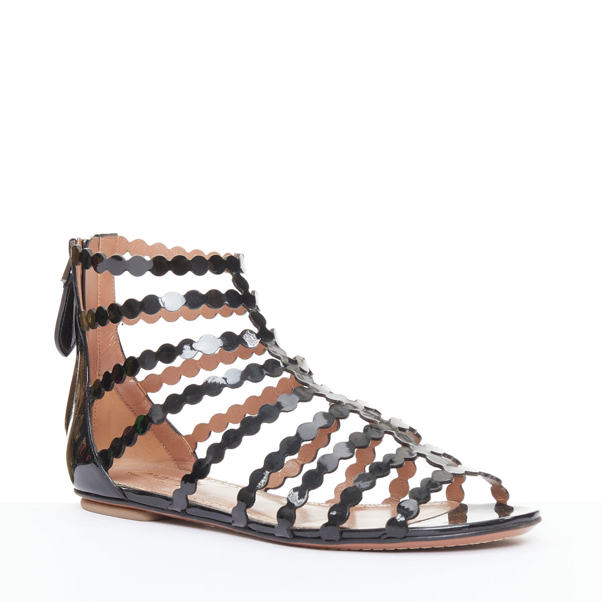 Women's Alaia Patent Scalloped Cage Sandals