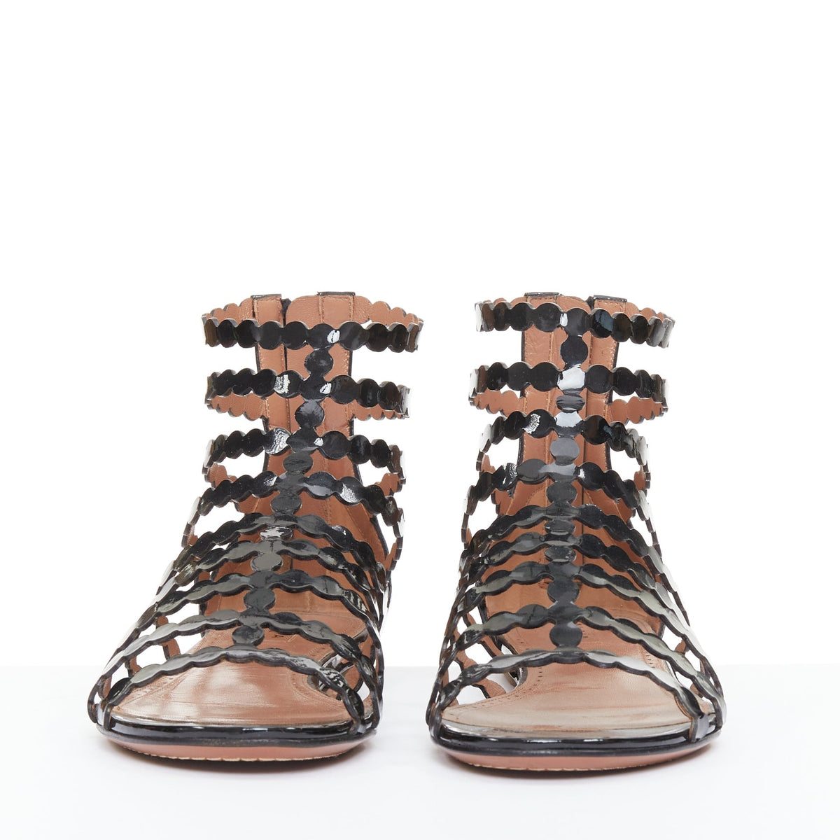 Women's Alaia Patent Scalloped Cage Sandals