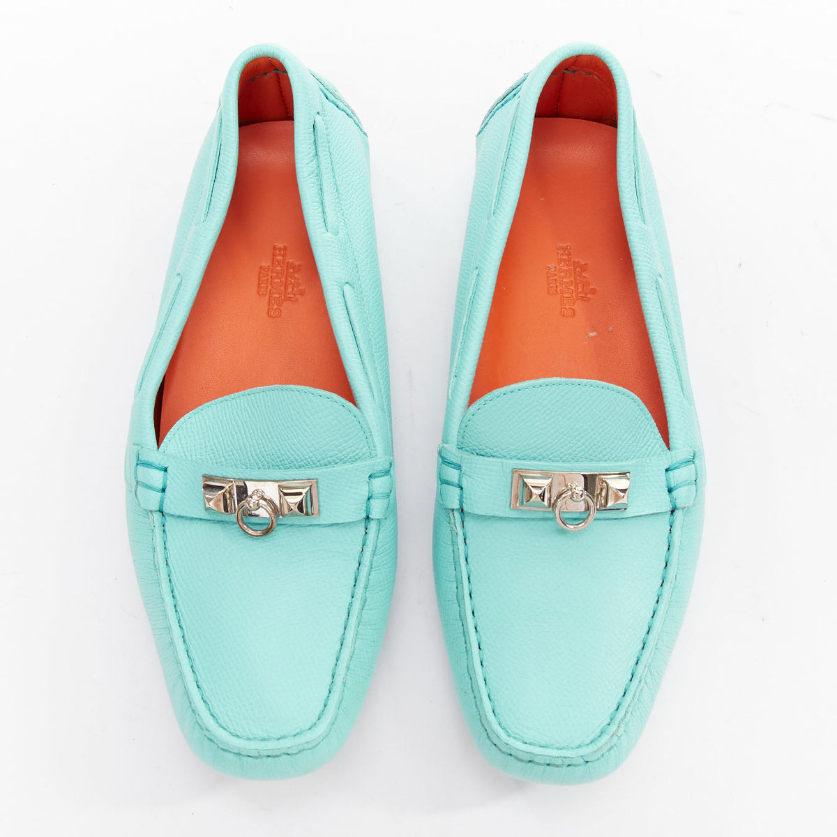 Women's Hermes Leather Silver Stud Driving Loafers