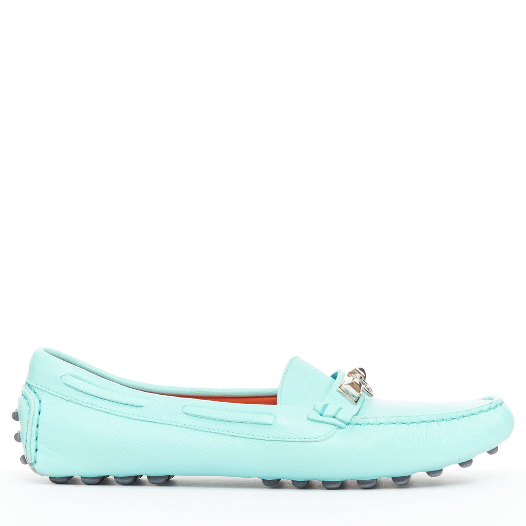 Women's Hermes Leather Silver Stud Driving Loafers