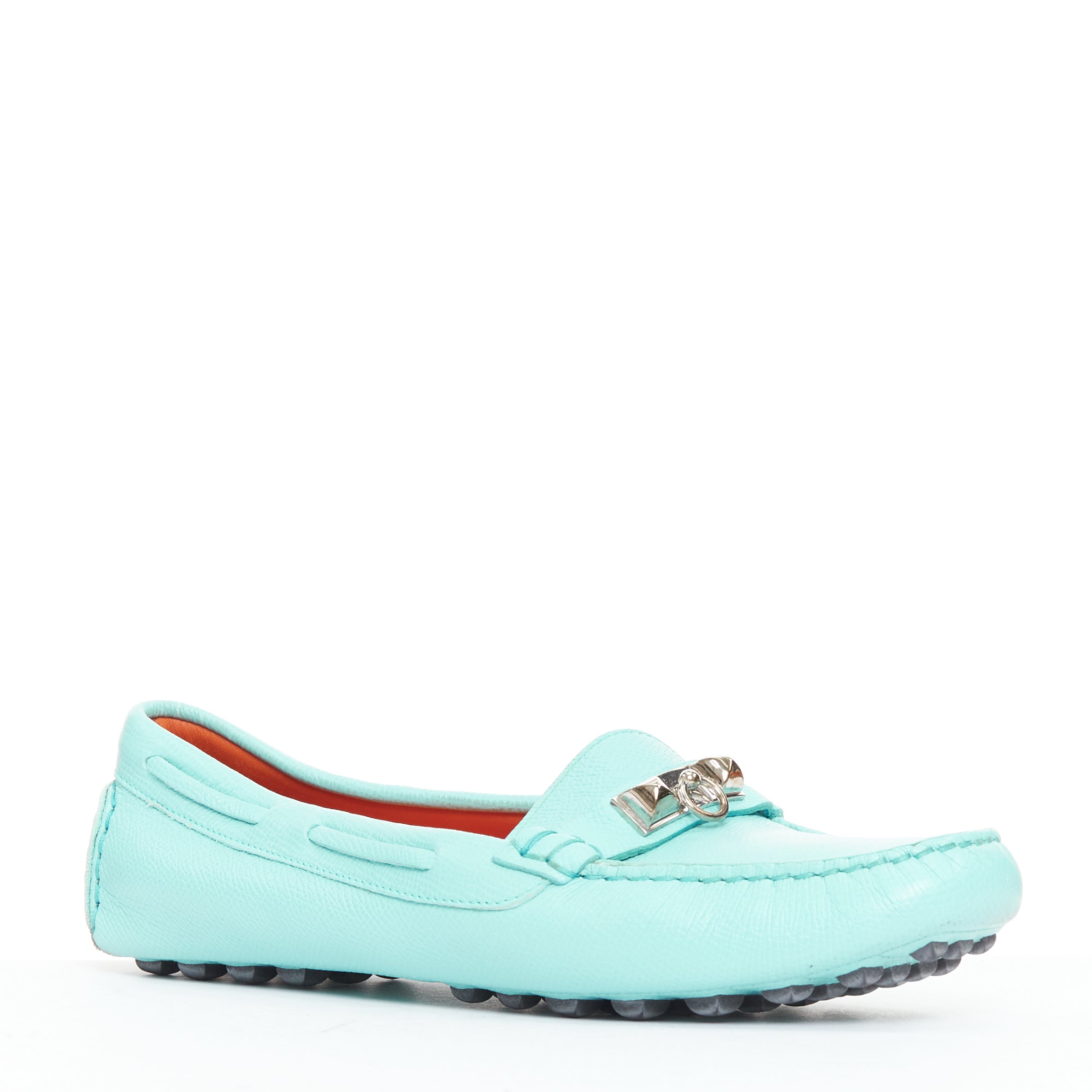 Women's Hermes Leather Silver Stud Driving Loafers
