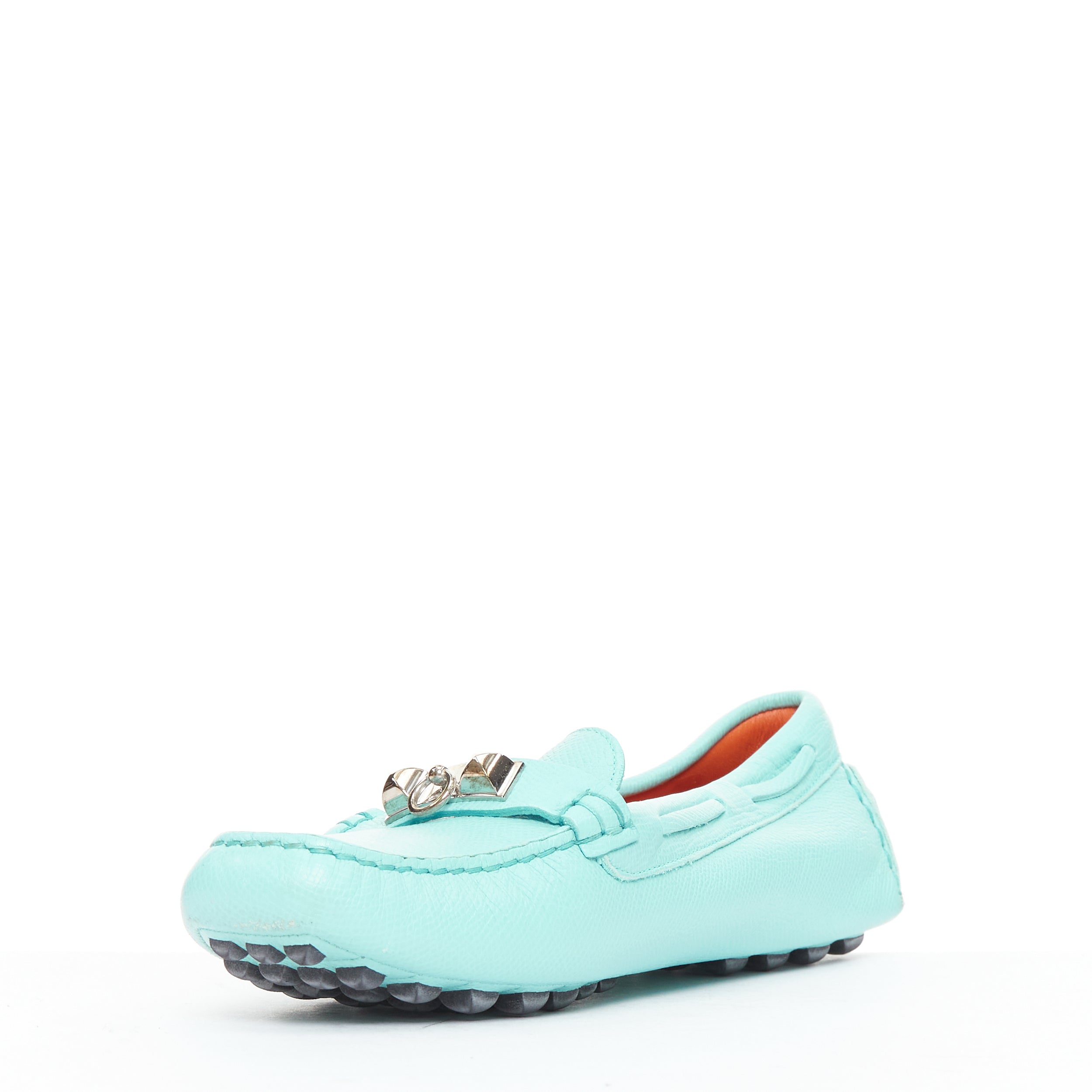 Women's Hermes Leather Silver Stud Driving Loafers